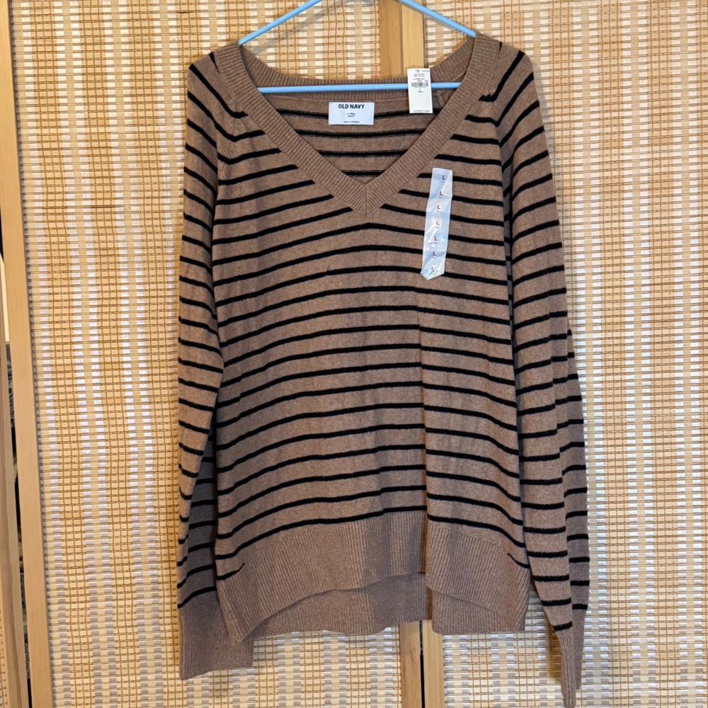 Old Navy SoSoft V-Neck Striped Sweater Womens L Tall Brown Black Preppy Office